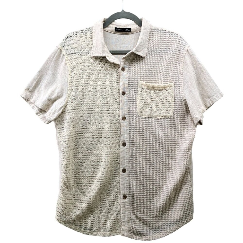 Manfinity Linen Blend Shirt Mens L Beige Short Sleeve Knit Front Resort Vacation